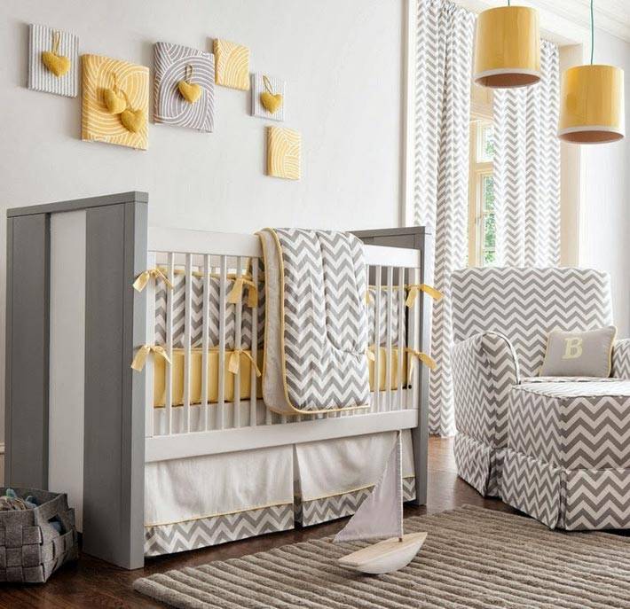 серый узор зигзаг в сочетании с желтым цветом для детской комнаты