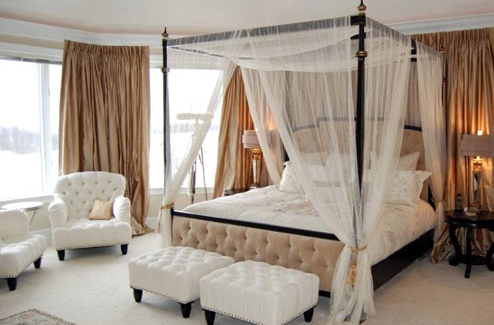балдахин, оббивка мебели, белый цвет для романтической спальни