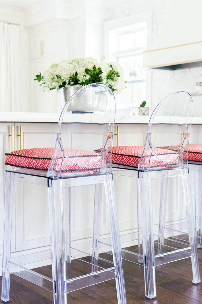 прозрачные пластиковые барные стулья в интерьере кухни