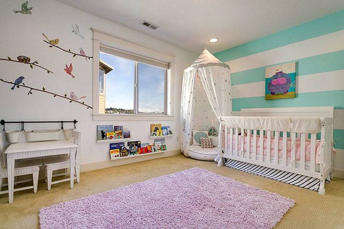 акцентная стена с яркими полосами в интерьере детской комнаты