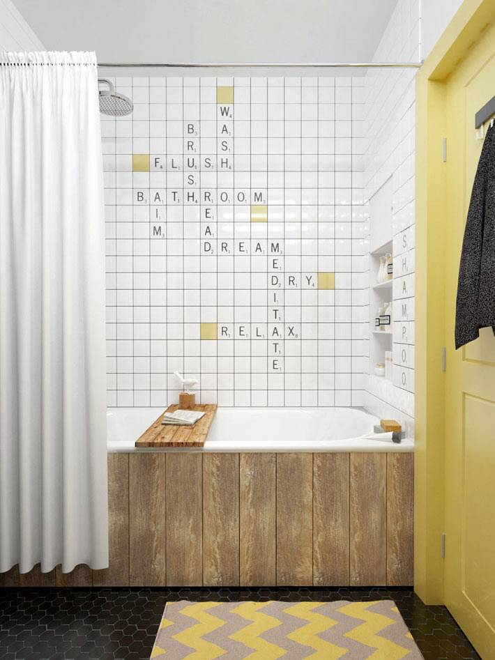 бело-желтый дизайн интерьера ванной комнаты фото