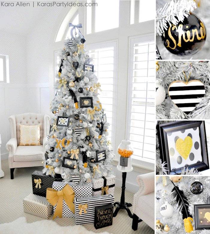 белая новогодняя елка с черными и золотыми украшениями