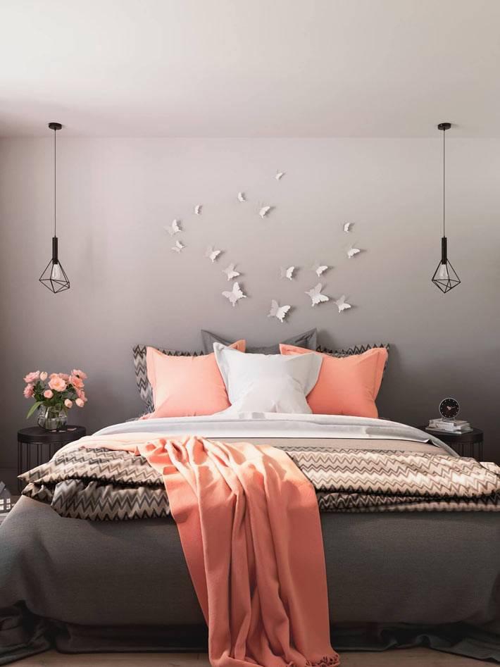 Серый цвет в интерьере спальни с яркими акцентами фото