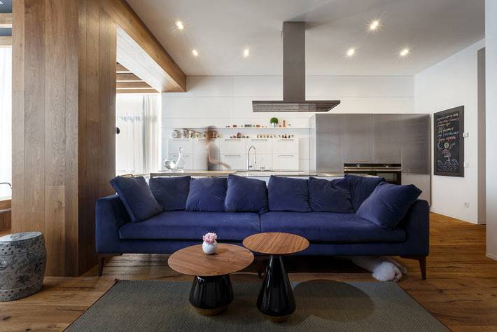 Синий диван в дизайне гостиной комнаты квартиры фото