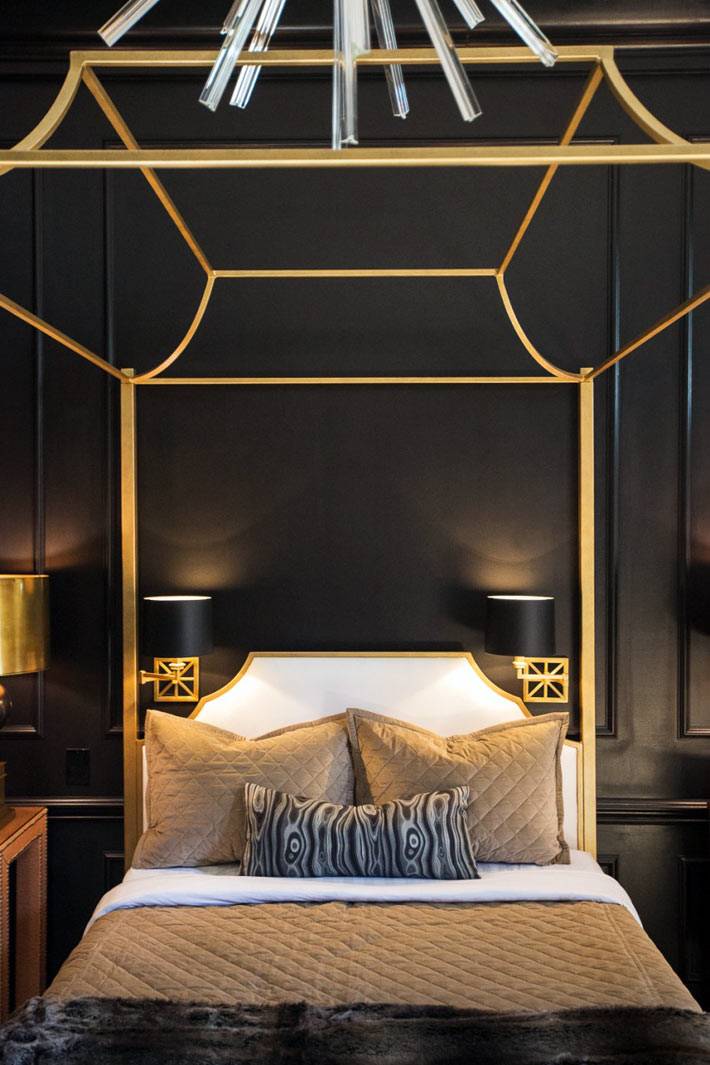 Черный и золотой цвета в оформлении спальни фото