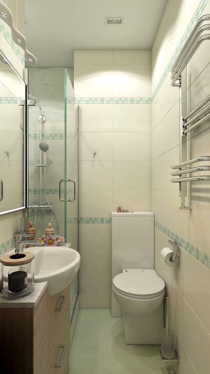 узкий интерьер ванной комнаты с душевой кабиной фото