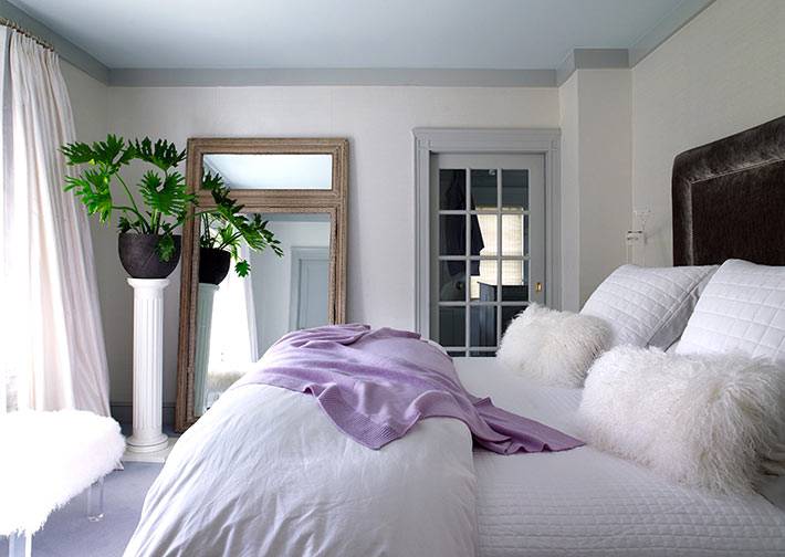 дизайн спальни белого цвета с черным изголовьем кровати и комнатным цветком