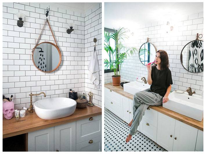 Белая плитка и деревянные аксессуары в дизайне ванной комнаты