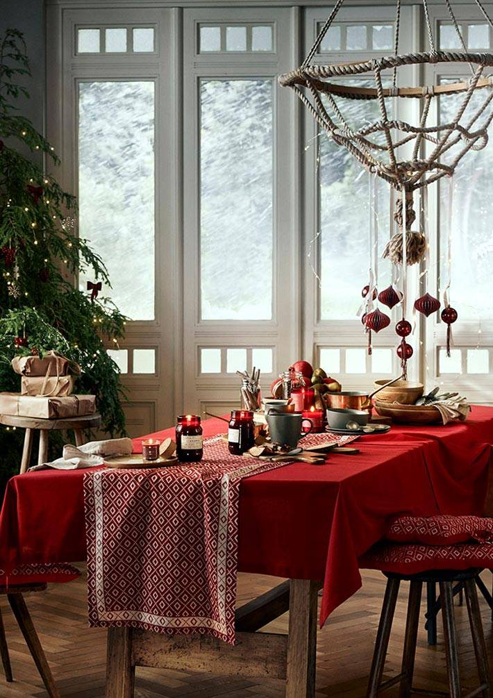 новогодний стол с красной скатертью и елкой 