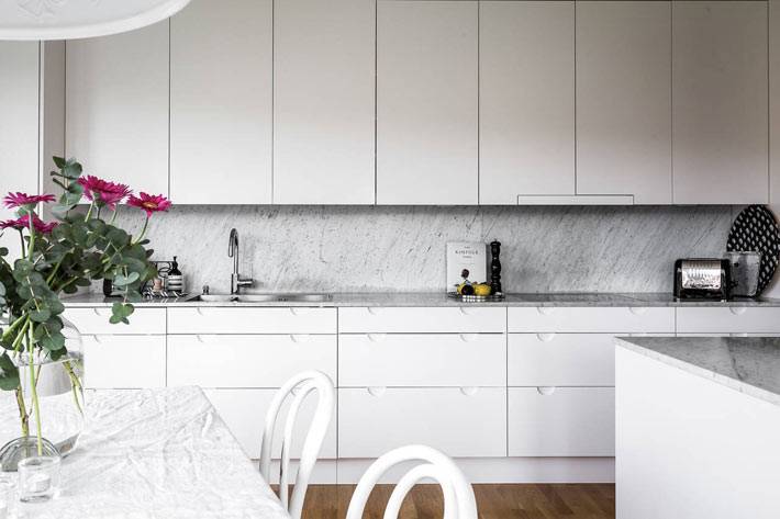 белая кухонная мебель со сплошными фасадами фото