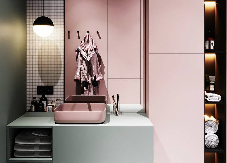 Черная сантехника в розовом интерьере ванной, проект Prosvirin design