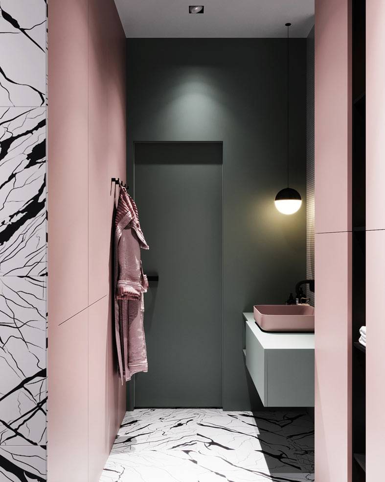 Черная сантехника в розовом интерьере ванной, проект Prosvirin design
